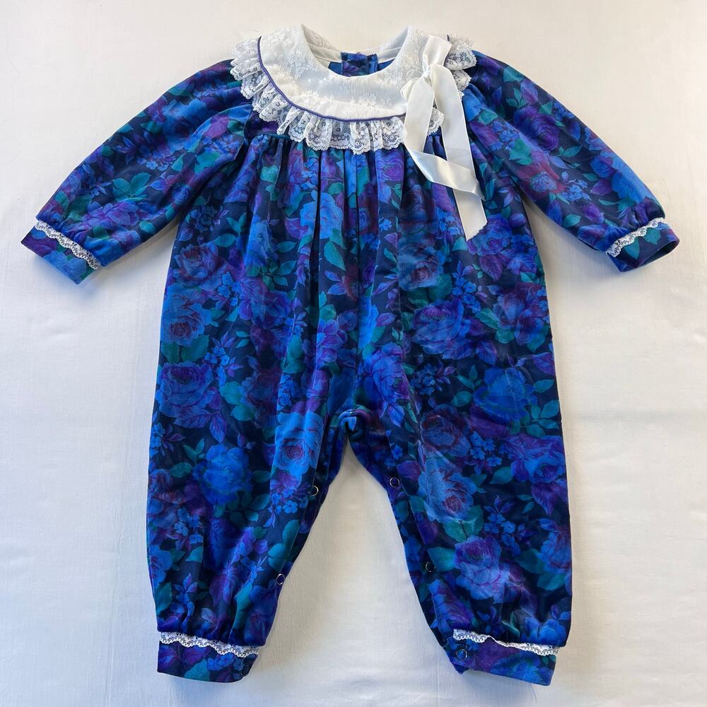 Fancy Pants Vintage Baby Girls Blue Floral Velvet Romper Size 12 Months USA Made